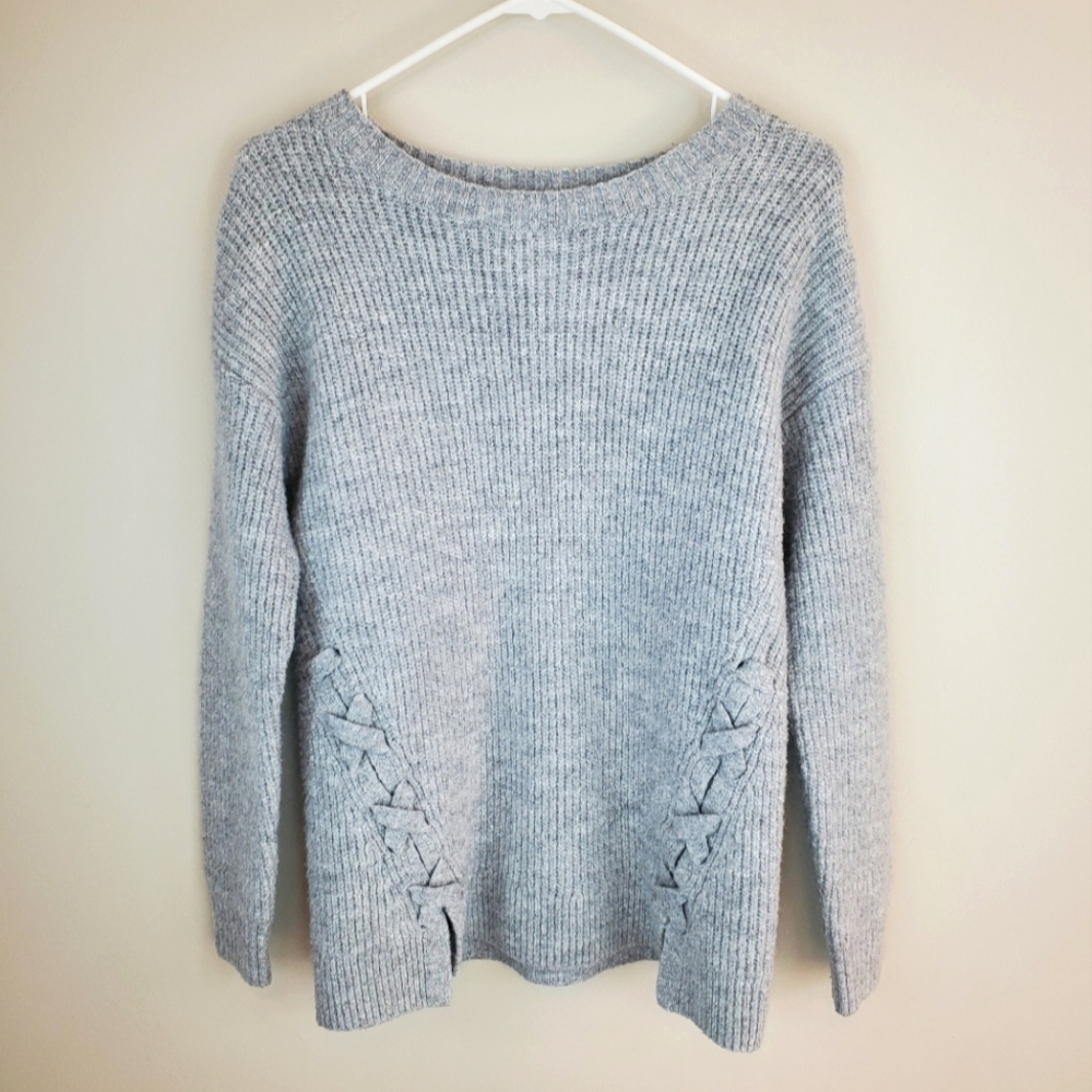 Ann Taylor Loft Size S Gray Ribbed Long Sleeve Sweater With Side Lace Up Design